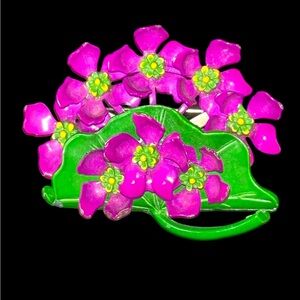 Violet Purple & Green Enamel Flower Brooch 1950s
